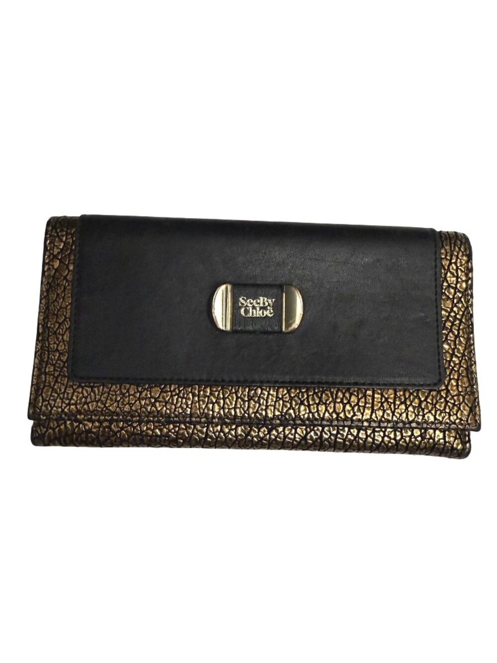 See by Chloe Women Trifold Leather Wallet Black Gold Timeless